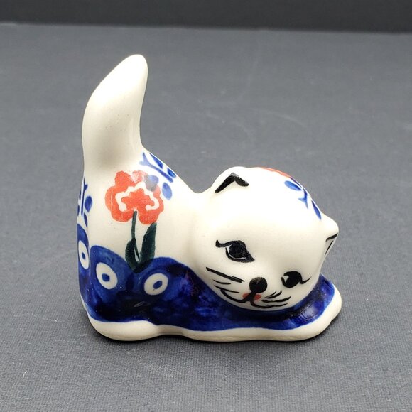 Polish Pottery Blue Eye Spring Cat Figurine Small Blue Red Floral Cat Statue - Picture 1 of 7